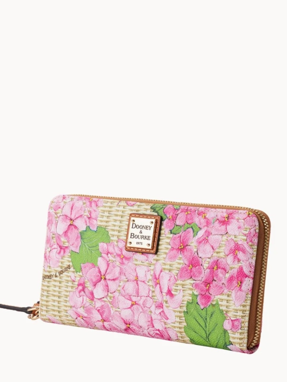 Dooney & Bourke Pink Floral Zip Wallet with Green Leaf Accents